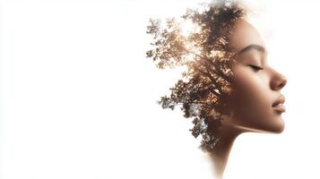 Portrait of a woman with nature blending into her profile during a serene moment of reflection photo