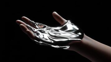Fluid silver material flowing over an outstretched hand on a dark background enhances the sense of motion and texture photo