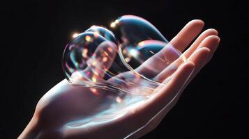 Captured moments of light and color in delicate soap bubbles resting on an open hand photo