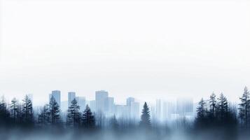 Urban skyline shrouded in fog amidst dense evergreen trees at dawn photo