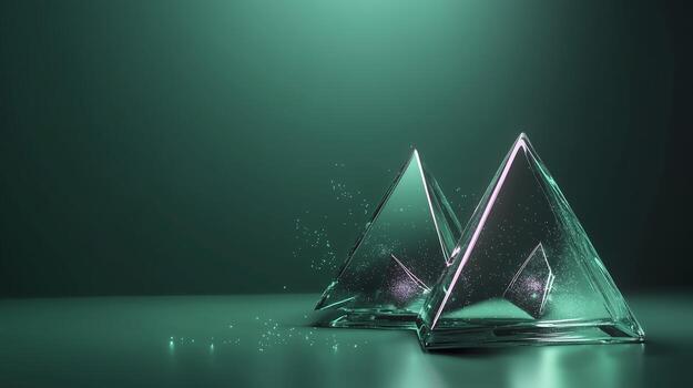 Glass pyramids reflect light in a dimly lit space, creating an intriguing display of shapes and textures photo