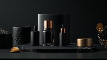 Elegant black and gold skincare products displayed on a dark surface with minimalist decor photo