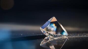 Brilliant crystal prism rests on reflective surface under soft light during a serene setting photo