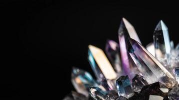 Sparkling quartz crystal cluster with vibrant reflections and sharp facets in a dark background photo