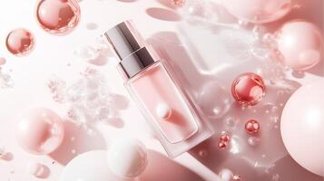 Elegant skincare product surrounded by soft pink bubbles and shimmering orbs on a gentle background photo