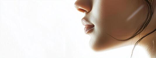 Captivating profile of a woman with soft features against a light background capturing a serene moment in time photo