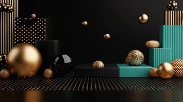 Modern abstract composition with black and teal geometric shapes and floating golden spheres on a textured backdrop photo