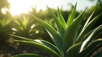 Close-up view of vibrant green agave plants illuminated by sunlight in a lush garden setting photo
