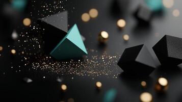 Geometric shapes and sparkling particles create an abstract composition in a dark setting photo