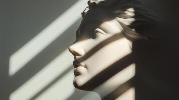 Elegant sculpture illuminated by soft shadows in a minimalist setting highlighting the contours and features of the artwork photo