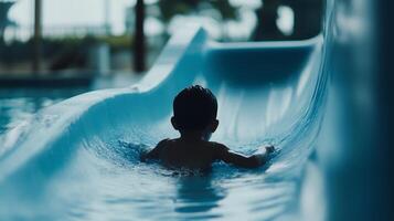 Child enjoys water slide at a resort pool on a sunny day photo