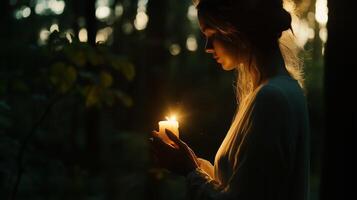 Woman holding a candle in a tranquil forest setting during twilight hours photo
