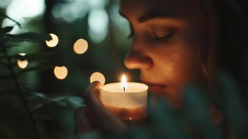 Woman enjoying a lit candle in a serene forest setting during twilight with soft glowing lights in the background photo
