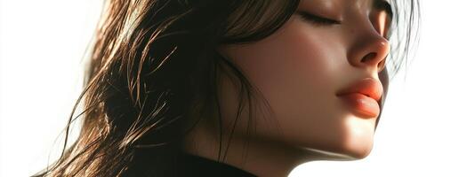 Captivating profile of a woman with long hair in soft lighting showcasing graceful beauty and serene expression photo