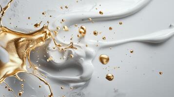 Dynamic splash of gold and white liquid with droplets showcasing fluid motion and texture photo