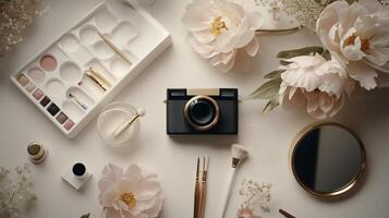 Flat lay display of cosmetics and camera on a light background with flowers captured in soft lighting photo