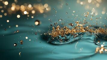 Dynamic splash of water droplets creating shimmering effects against a teal backdrop photo