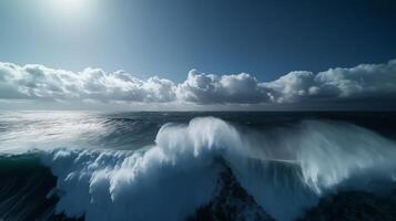 Waves crashing against the shoreline under a bright sky with clouds during the day photo