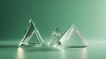 Three glass pyramids on a soft green background reflecting light at different angles during daylight hours photo