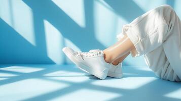 Stylish white sneakers complement casual outfit in bright setting with soft shadows photo