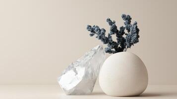 Minimalist arrangement of a rock and a round vase with dried flowers on a neutral background photo