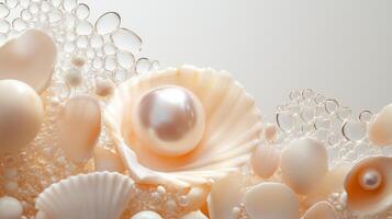 Elegant arrangement of seashells and pearls with soft bubbles against a light background photo