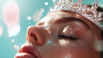 Sparkling water droplets cascade down the face of a woman wearing a dazzling crown in a serene underwater setting photo