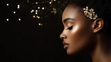 Captivating profile of a woman with sparkling background and elegant hair accessory at a glamorous evening event photo