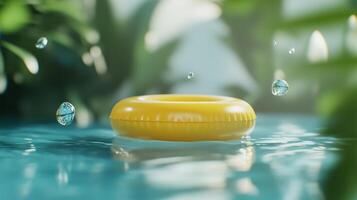 Bright yellow float ring floats on calm water surrounded by lush greenery in a serene outdoor setting photo