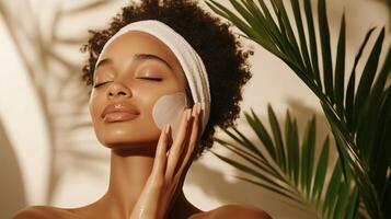 Woman applying facial mask while enjoying a moment of self-care in a serene indoor setting photo