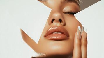 Close-up of a model showcasing glossy makeup and elegant nails with geometric elements in artistic composition photo