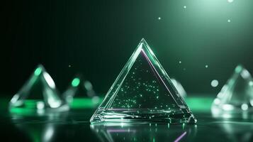 Crystal pyramids illuminated by green light amidst a shimmering background in a contemporary setting photo