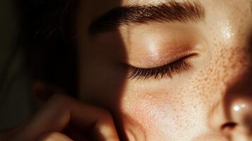 Close-up of a serene woman with closed eyes, enjoying a moment of calm in soft, natural light highlighting her features photo