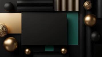 Modern geometric composition with black, gold, and teal elements on a textured surface showcasing design and style photo