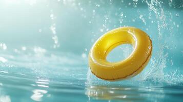 Bright yellow inner tube splashes water in a sunny pool setting during summer fun photo
