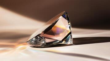 Beautifully cut diamond reflecting colorful light patterns on a smooth surface in a serene setting photo