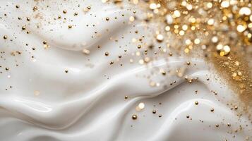 Elegant wave pattern with golden glitter against a soft white background creating a luxurious and modern aesthetic photo