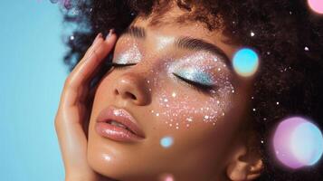 Woman with glowing skin and glitter makeup posing against a blue background during a creative beauty shoot photo