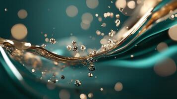 Dynamic movement of golden liquid with bubbles against a teal background showcases elegance and fluidity photo