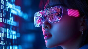 Young woman wearing futuristic glasses immersed in vibrant digital world with glowing binary code on display photo