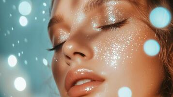 Close-up of a woman's face adorned with shimmering glitter against a dreamy blue backdrop at twilight photo
