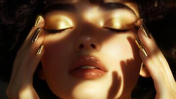 Captivating portrait of a woman with golden highlights illuminated by soft shadows during a serene moment of reflection photo