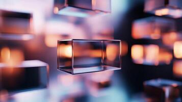 Colorful floating glass blocks create a modern abstract art display in a digital environment with soft glowing lights photo