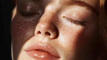 Close-up of a woman with freckles, glowing skin, and closed eyes amidst shadow and light in a serene setting photo