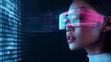 Stylish woman wears futuristic glowing glasses while interacting with digital display in a high-tech environment photo