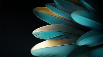 Vibrant teal and gold feathers displayed against a dark background showcasing intricate textures and colors photo