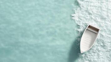 Boat floating on tranquil turquoise waters, creating gentle ripples in sunlight photo