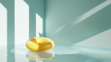 Floating yellow pool ring in a serene indoor space with sunlight casting soft shadows photo