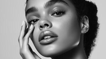 Model poses gracefully while showcasing a stunning beauty look with flawless skin and defined features in black and white photo