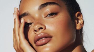 Close-up of a woman gently touching her face with a serene expression, illuminated by soft natural light photo